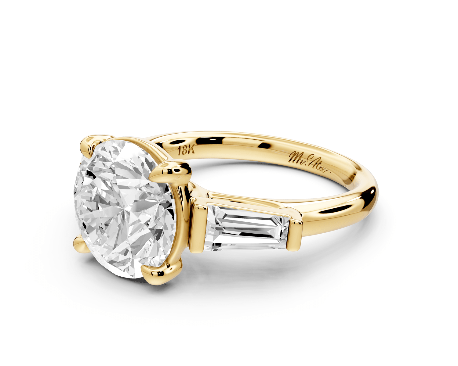 Naomi - 4ct 18k yellow gold round diamond with Tapered Baguettes side stones Engagement Ring - Mr. Alex Jewelry