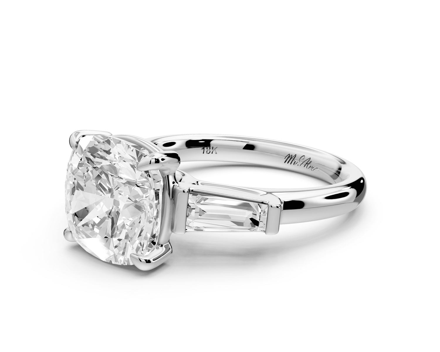 Naomi - 4ct platinum cushion diamond with Tapered Baguettes side stones Engagement Ring - Mr. Alex Jewelry