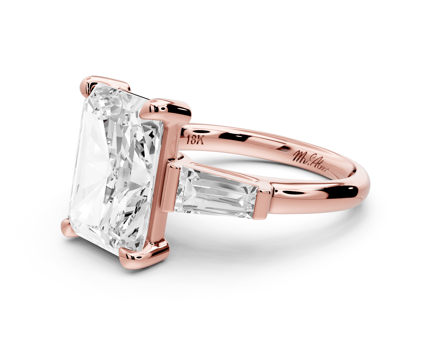 Naomi - 5ct 14k rose gold radiant diamond with Tapered Baguettes side stones Engagement Ring - Mr. Alex Jewelry