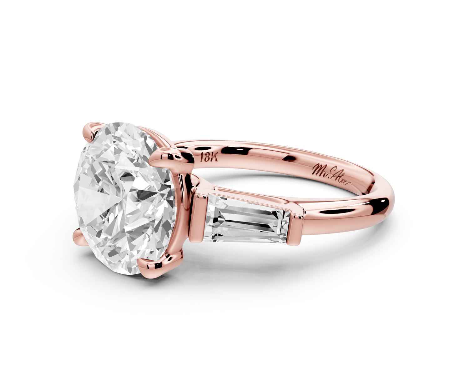 Naomi - 5ct 14k rose gold round diamond with Tapered Baguettes side stones Engagement Ring - Mr. Alex Jewelry