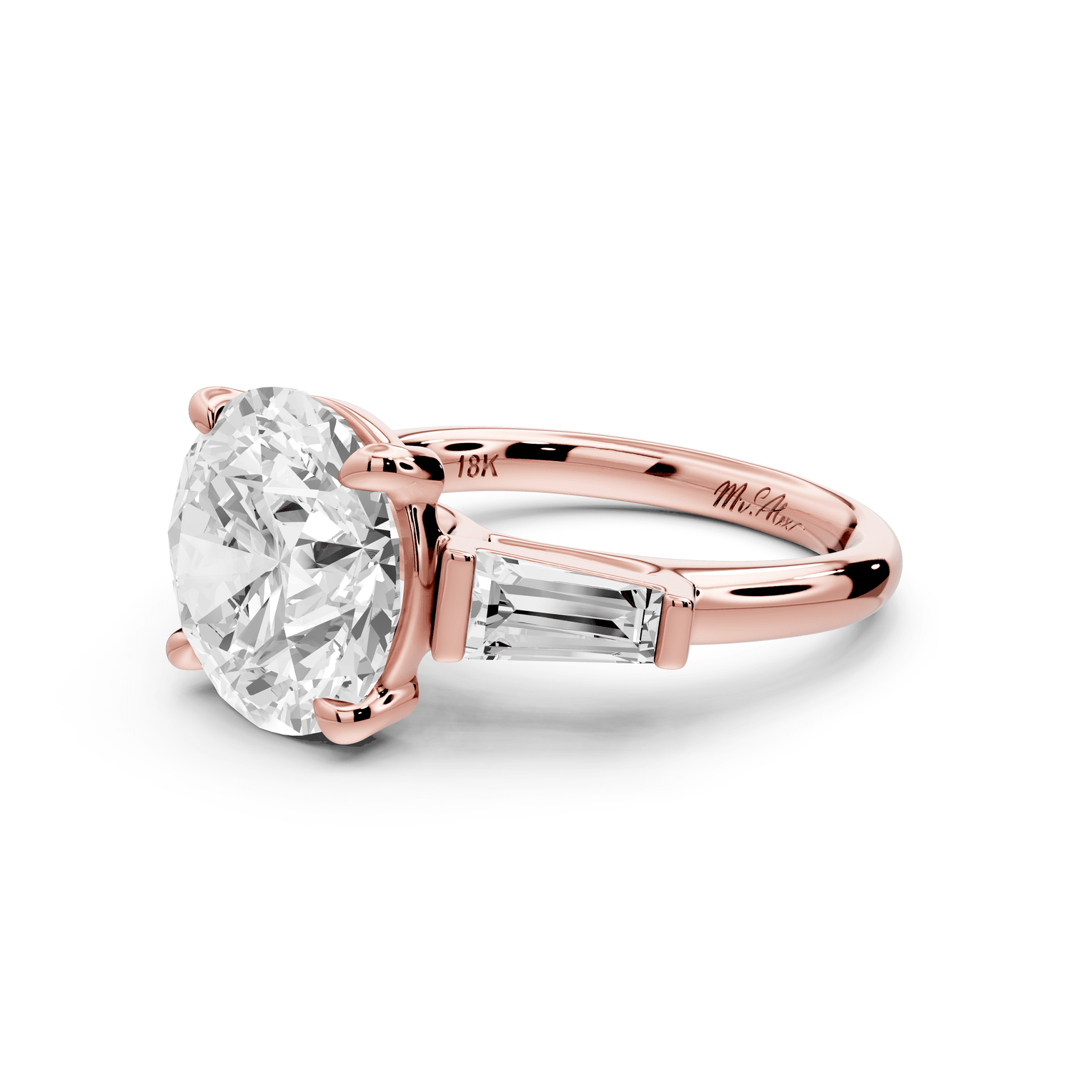 Naomi - 5ct 14k rose gold round diamond with Tapered Baguettes side stones Engagement Ring - Mr. Alex Jewelry