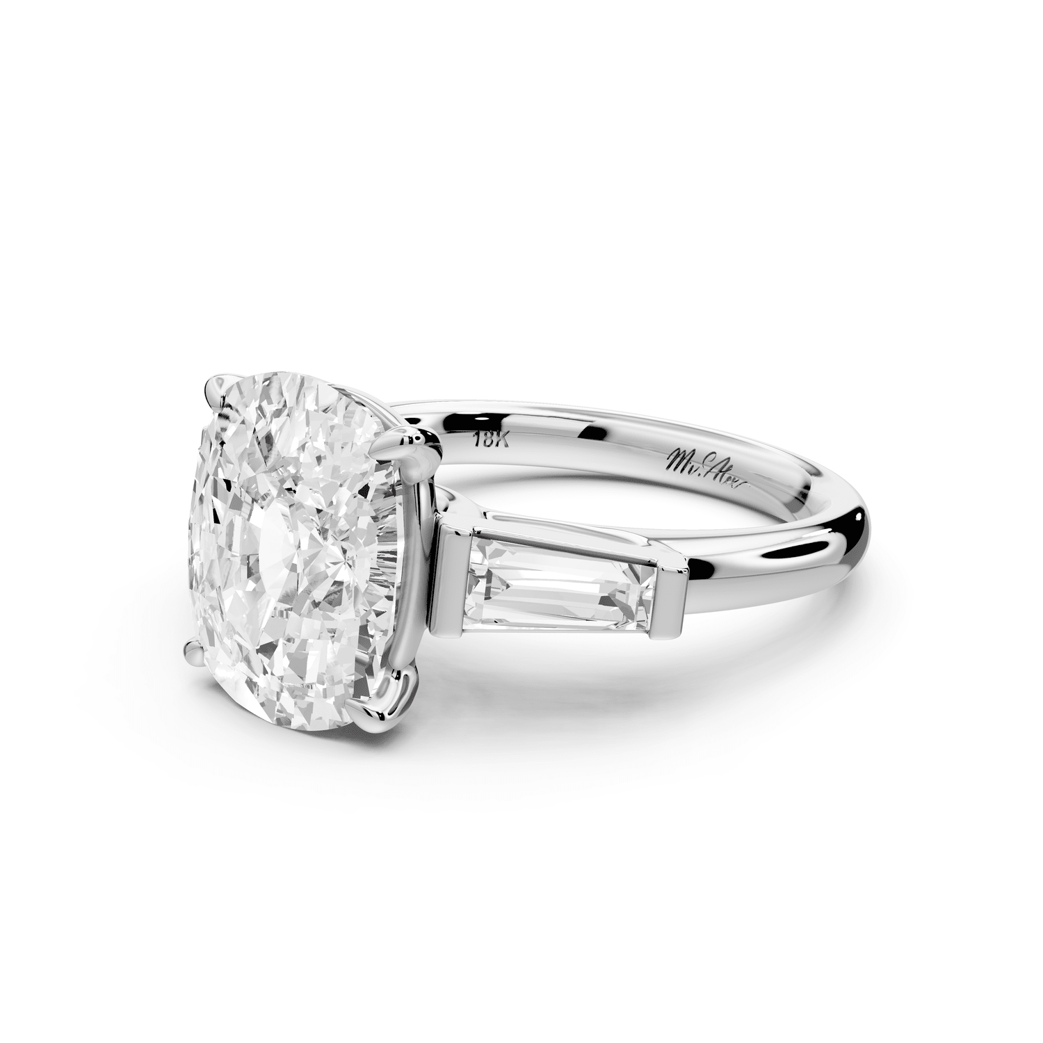 Naomi - 5ct 14k white gold ecushion diamond with Tapered Baguettes side stones Engagement Ring - Mr. Alex Jewelry