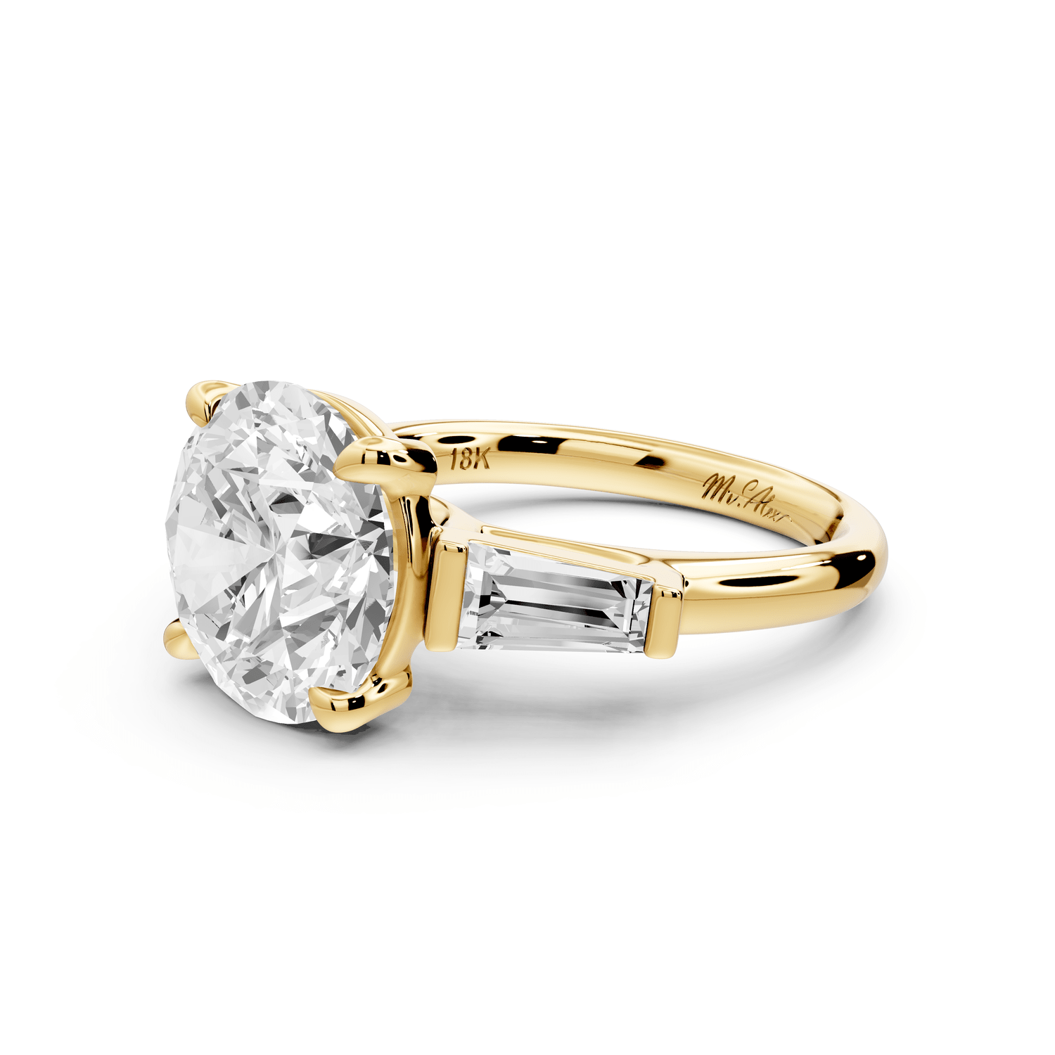 Naomi - 5ct 14k yellow gold round diamond with Tapered Baguettes side stones Engagement Ring - Mr. Alex Jewelry