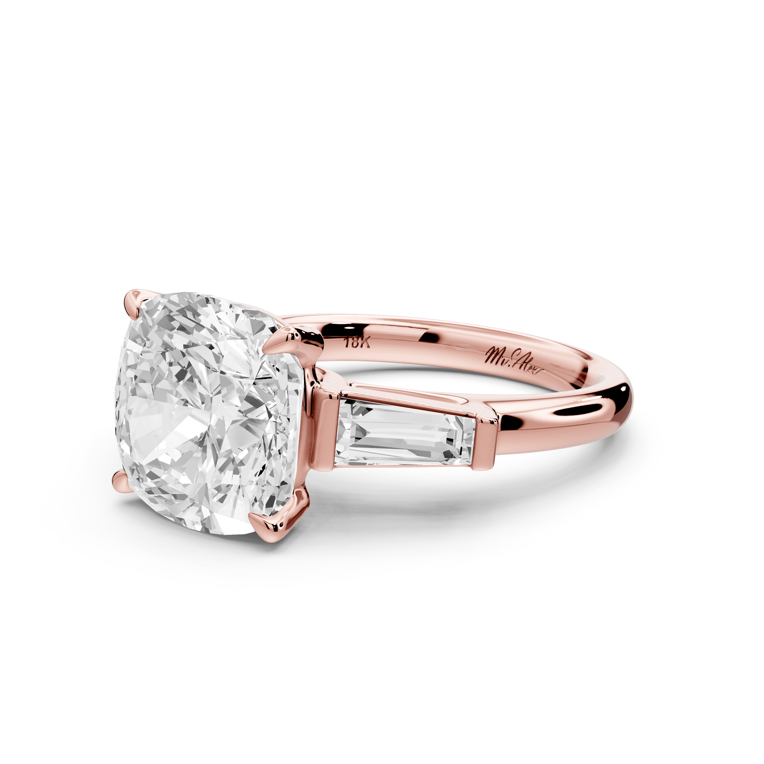 Naomi - 5ct 18k rose gold cushion diamond with Tapered Baguettes side stones Engagement Ring - Mr. Alex Jewelry