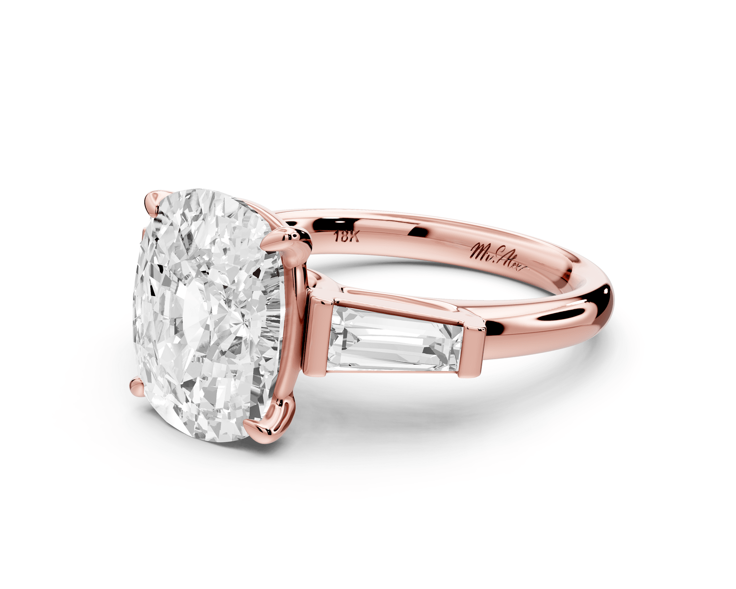 Naomi - 5ct 18k rose gold ecushion diamond with Tapered Baguettes side stones Engagement Ring - Mr. Alex Jewelry