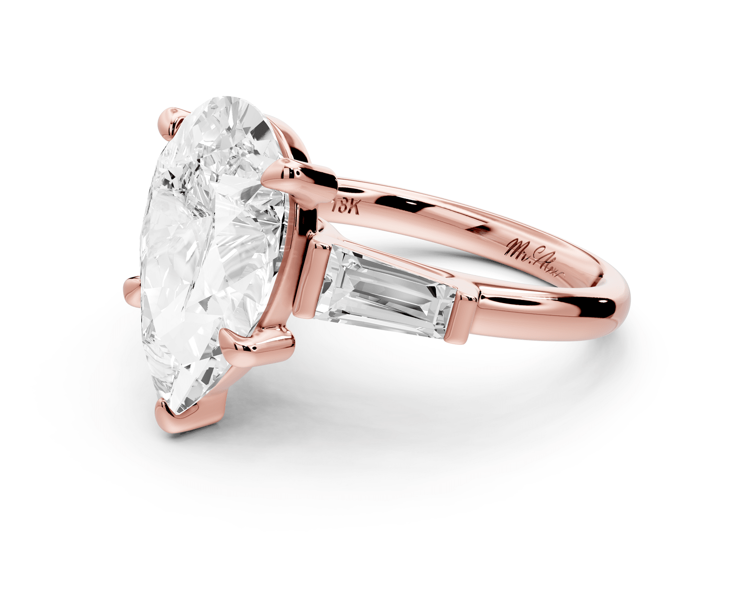 Naomi - 5ct 18k rose gold pear diamond with Tapered Baguettes side stones Engagement Ring - Mr. Alex Jewelry