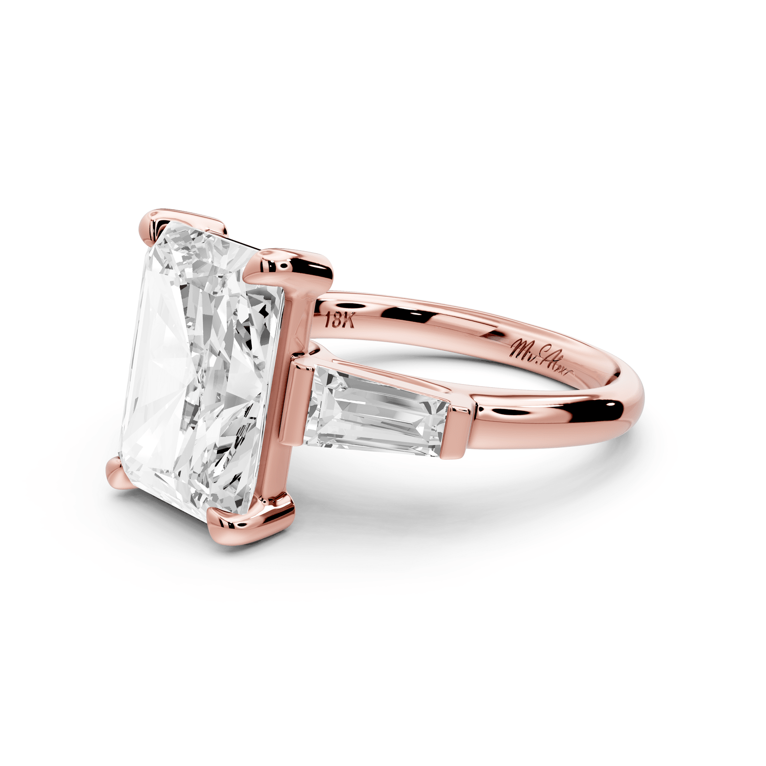 Naomi - 5ct 18k rose gold radiant diamond with Tapered Baguettes side stones Engagement Ring - Mr. Alex Jewelry