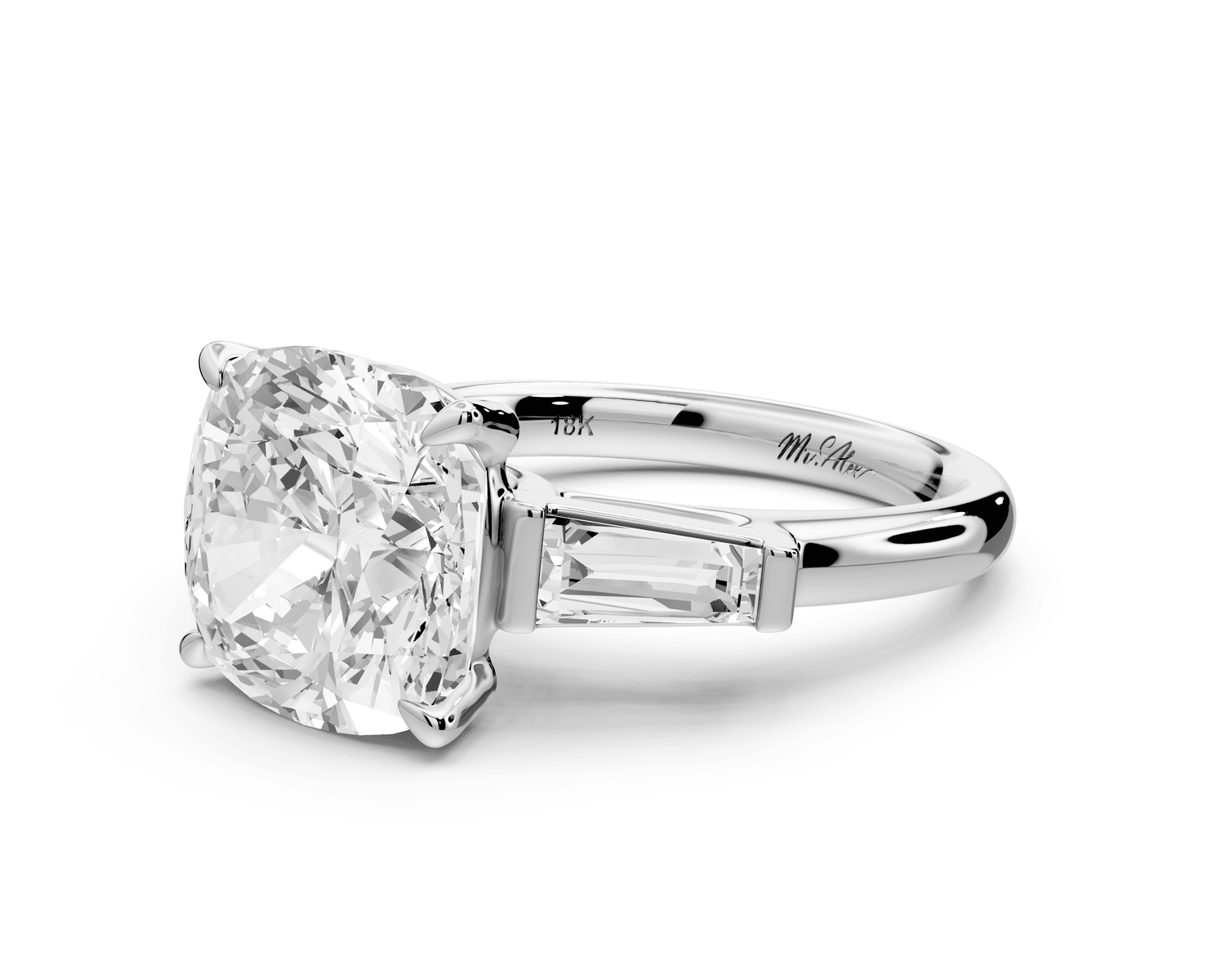 Naomi - 5ct 18k white gold cushion diamond with Tapered Baguettes side stones Engagement Ring - Mr. Alex Jewelry