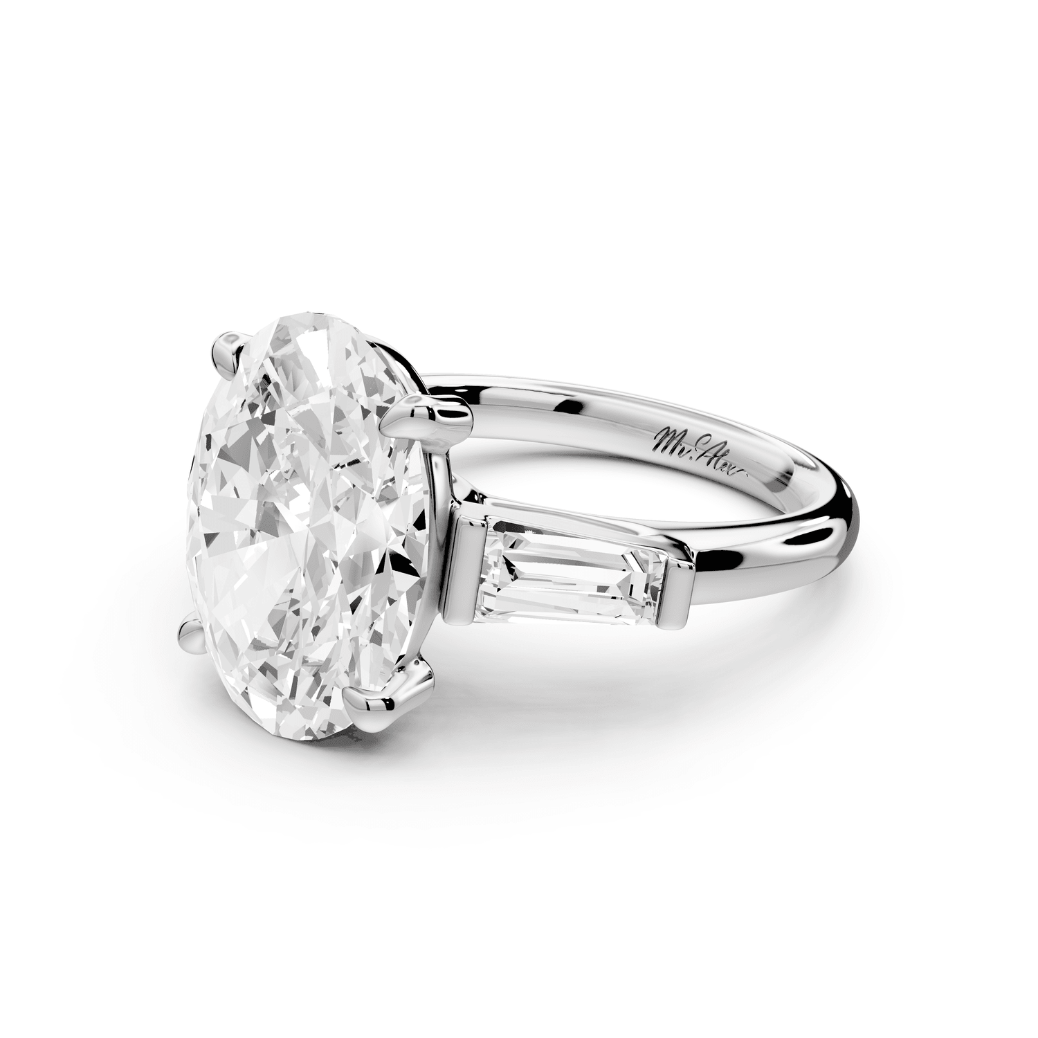 Naomi - 5ct 18k white gold oval diamond with Tapered Baguettes side stones Engagement Ring - Mr. Alex Jewelry