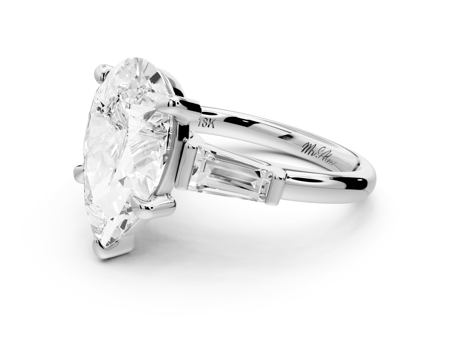 Naomi - 5ct 18k white gold pear diamond with Tapered Baguettes side stones Engagement Ring - Mr. Alex Jewelry