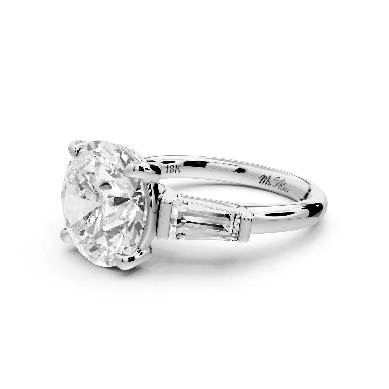 Naomi - 5ct 18k white gold round diamond with Tapered Baguettes side stones Engagement Ring - Mr. Alex Jewelry