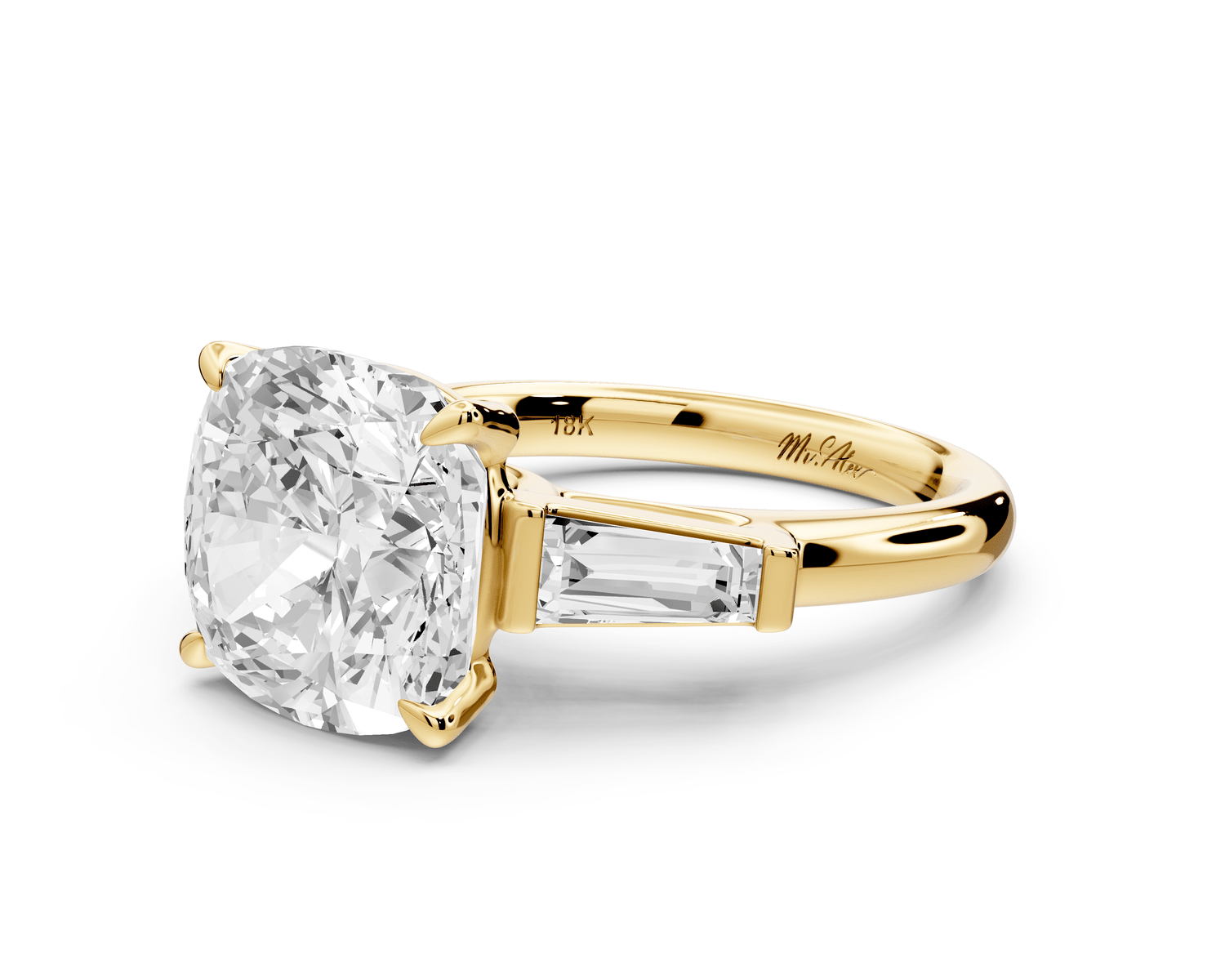 Naomi - 5ct 18k yellow gold cushion diamond with Tapered Baguettes side stones Engagement Ring - Mr. Alex Jewelry