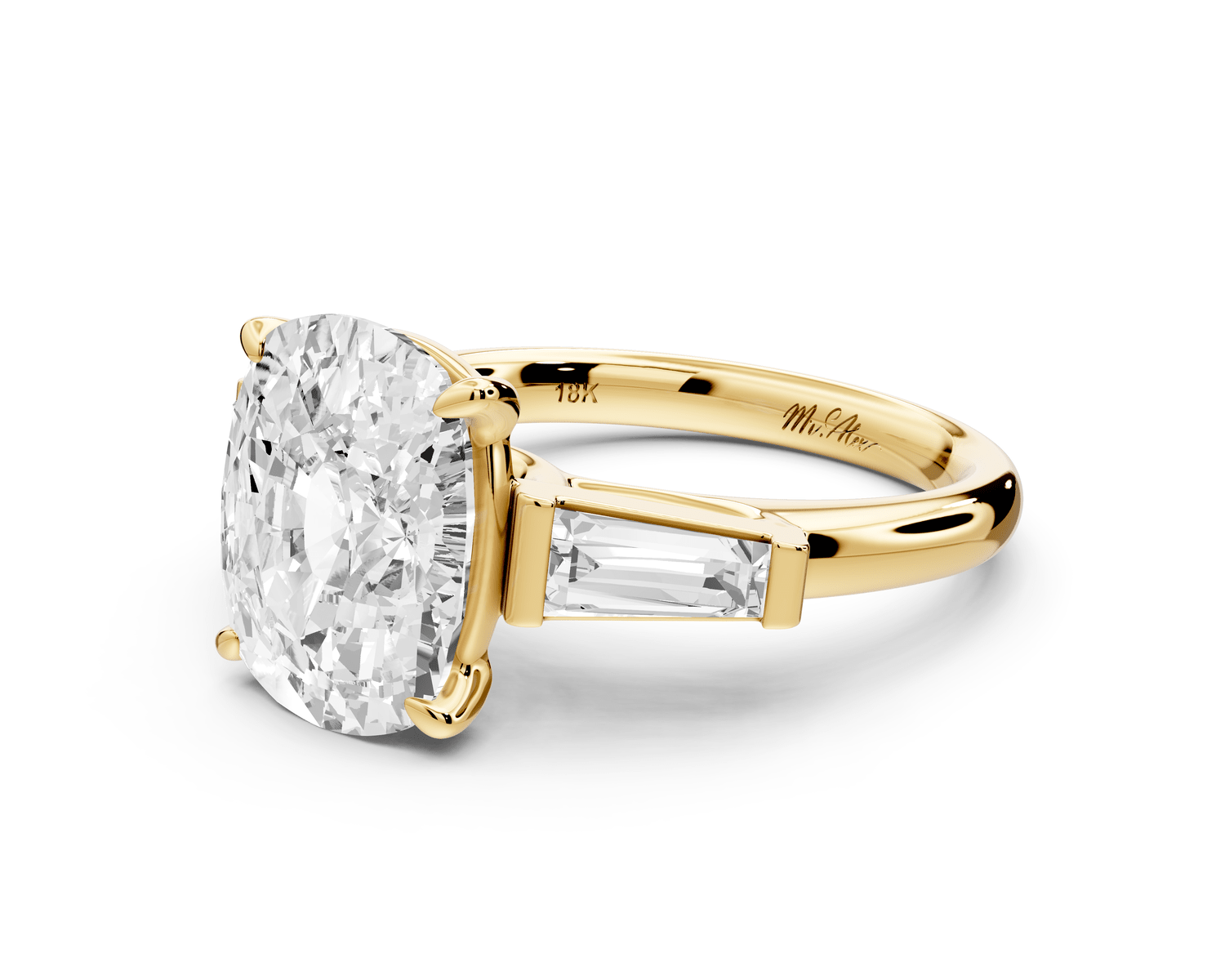 Naomi - 5ct 18k yellow gold ecushion diamond with Tapered Baguettes side stones Engagement Ring - Mr. Alex Jewelry