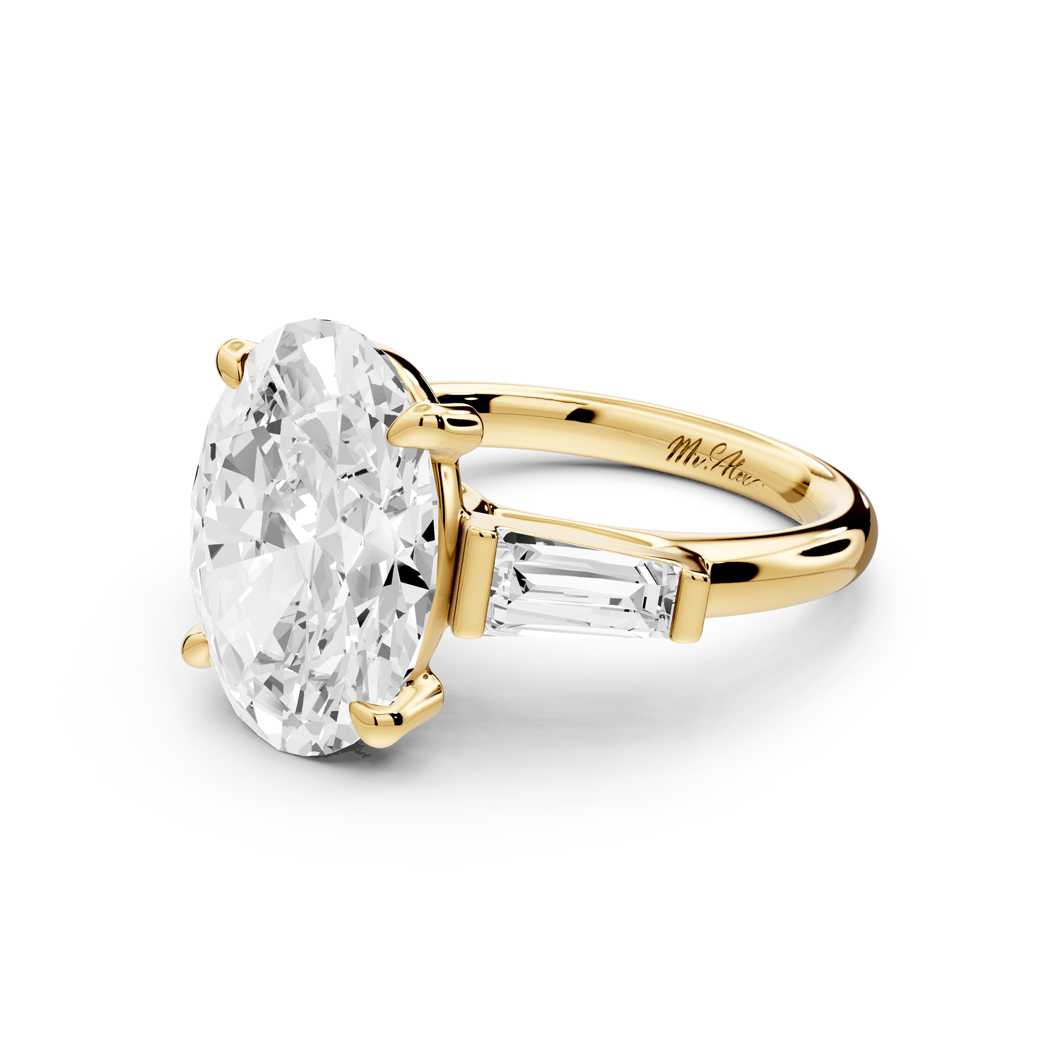 Naomi - 5ct 18k yellow gold oval diamond with Tapered Baguettes side stones Engagement Ring - Mr. Alex Jewelry