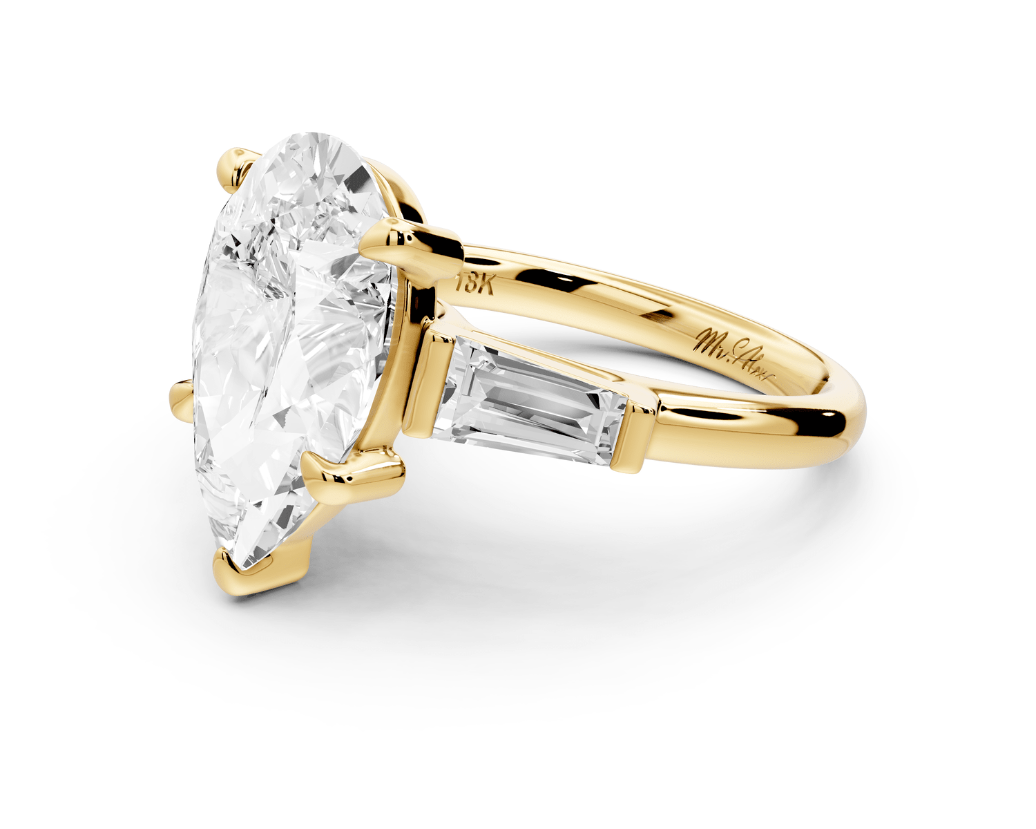 Naomi - 5ct 18k yellow gold pear diamond with Tapered Baguettes side stones Engagement Ring - Mr. Alex Jewelry