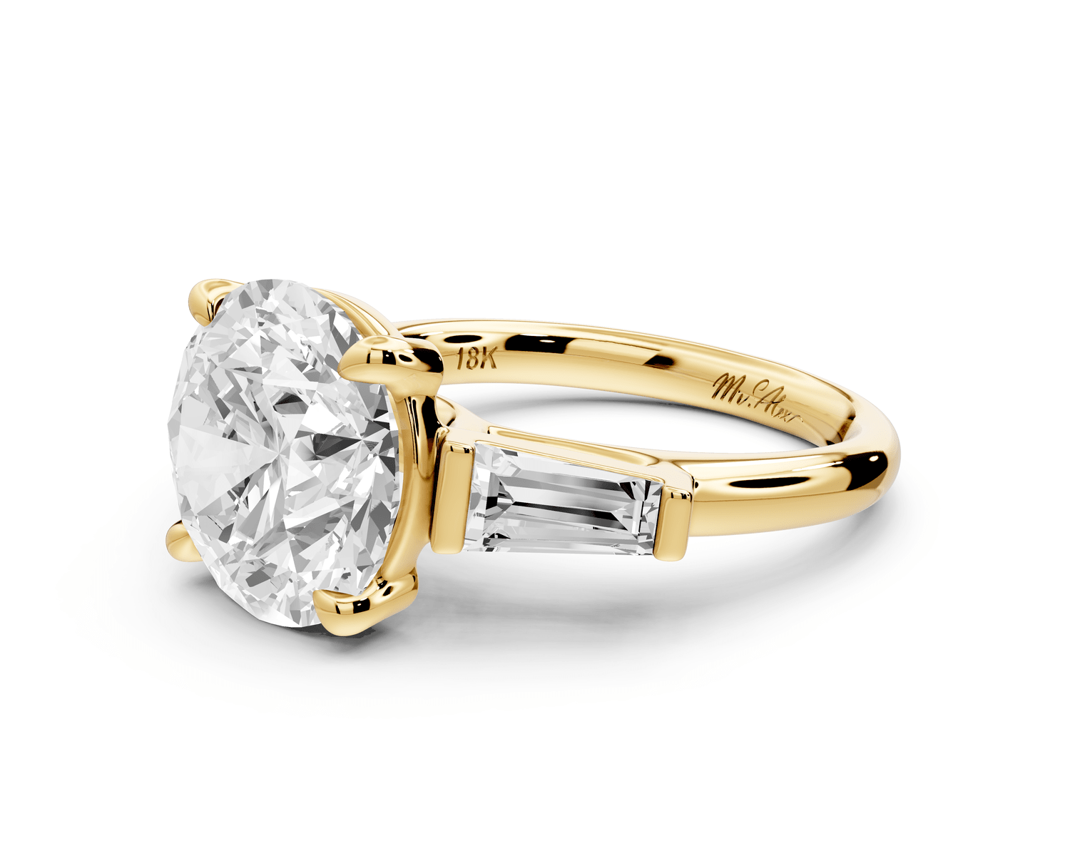 Naomi - 5ct 18k yellow gold round diamond with Tapered Baguettes side stones Engagement Ring - Mr. Alex Jewelry