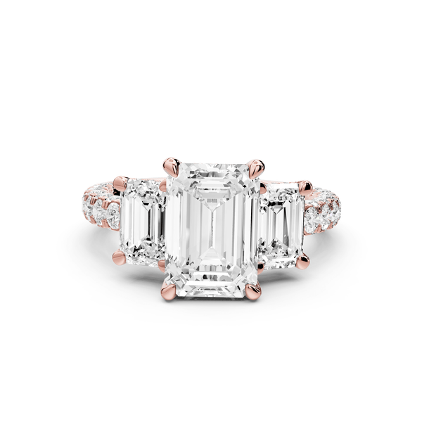 Neta - 2ct 14k rose gold Emerald Hidden Halo Three-Stone Engagement Ring with Pavé Band - Mr. Alex Jewelry
