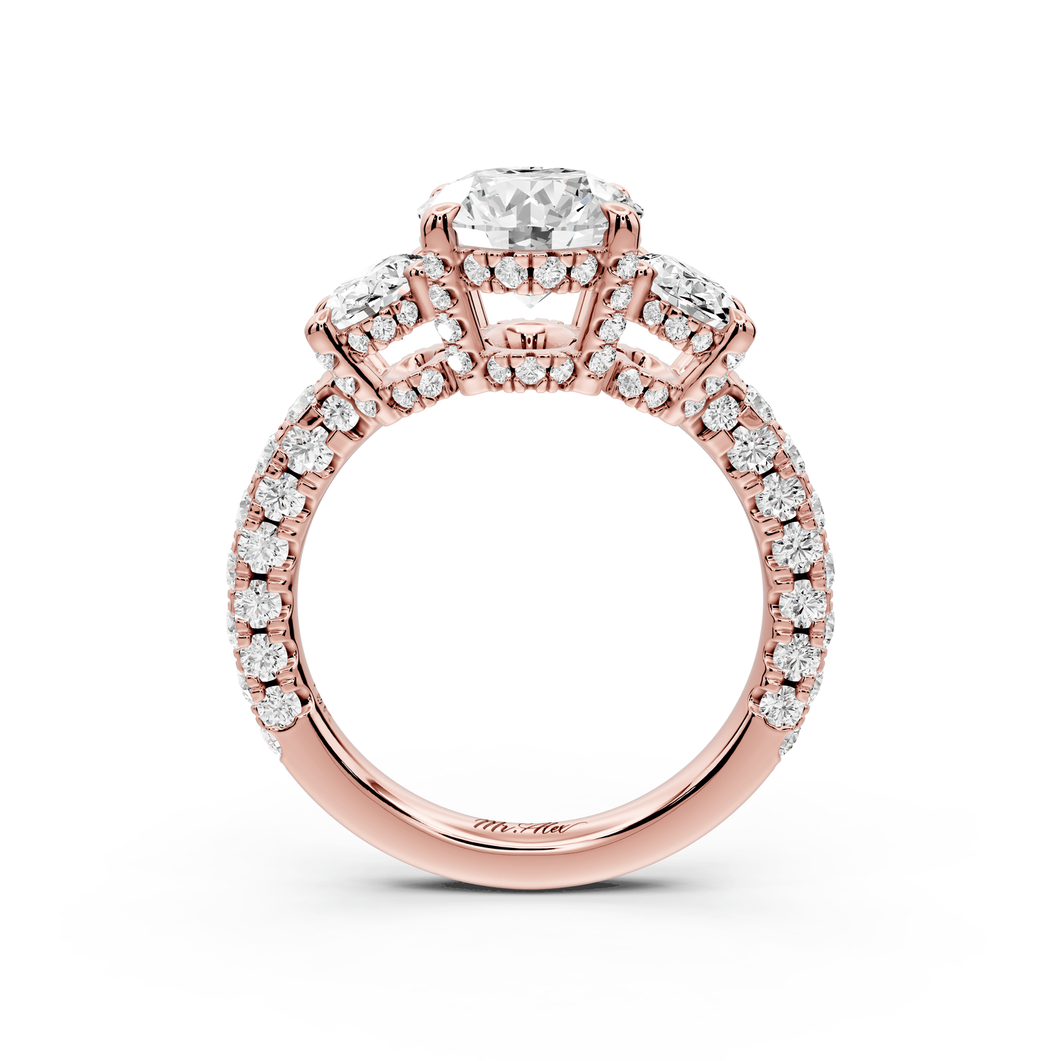 Neta - 2ct 14k rose gold Oval Hidden Halo Three-Stone Engagement Ring with Pavé Band - Mr. Alex Jewelry