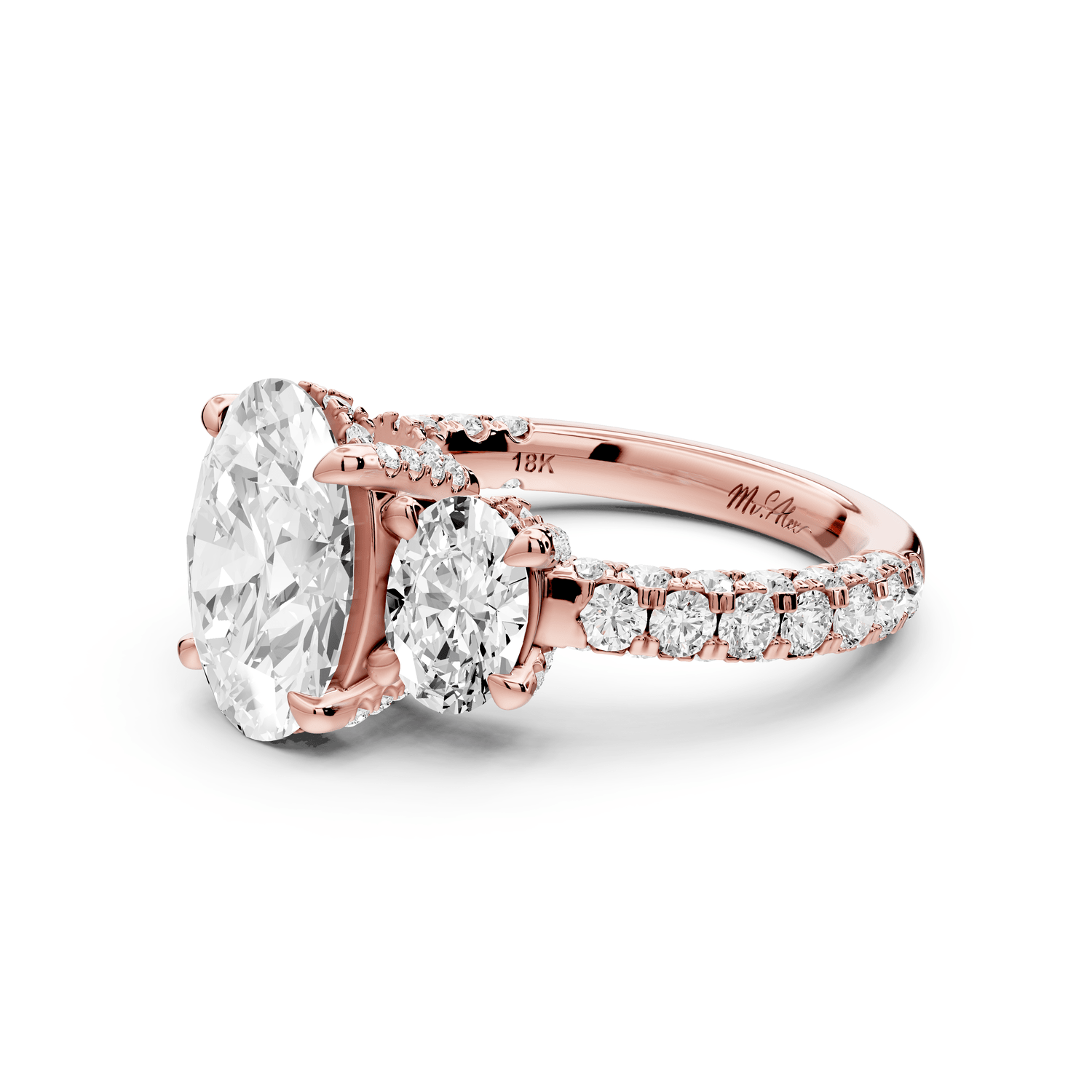 Neta - 2ct 14k rose gold Oval Hidden Halo Three-Stone Engagement Ring with Pavé Band - Mr. Alex Jewelry
