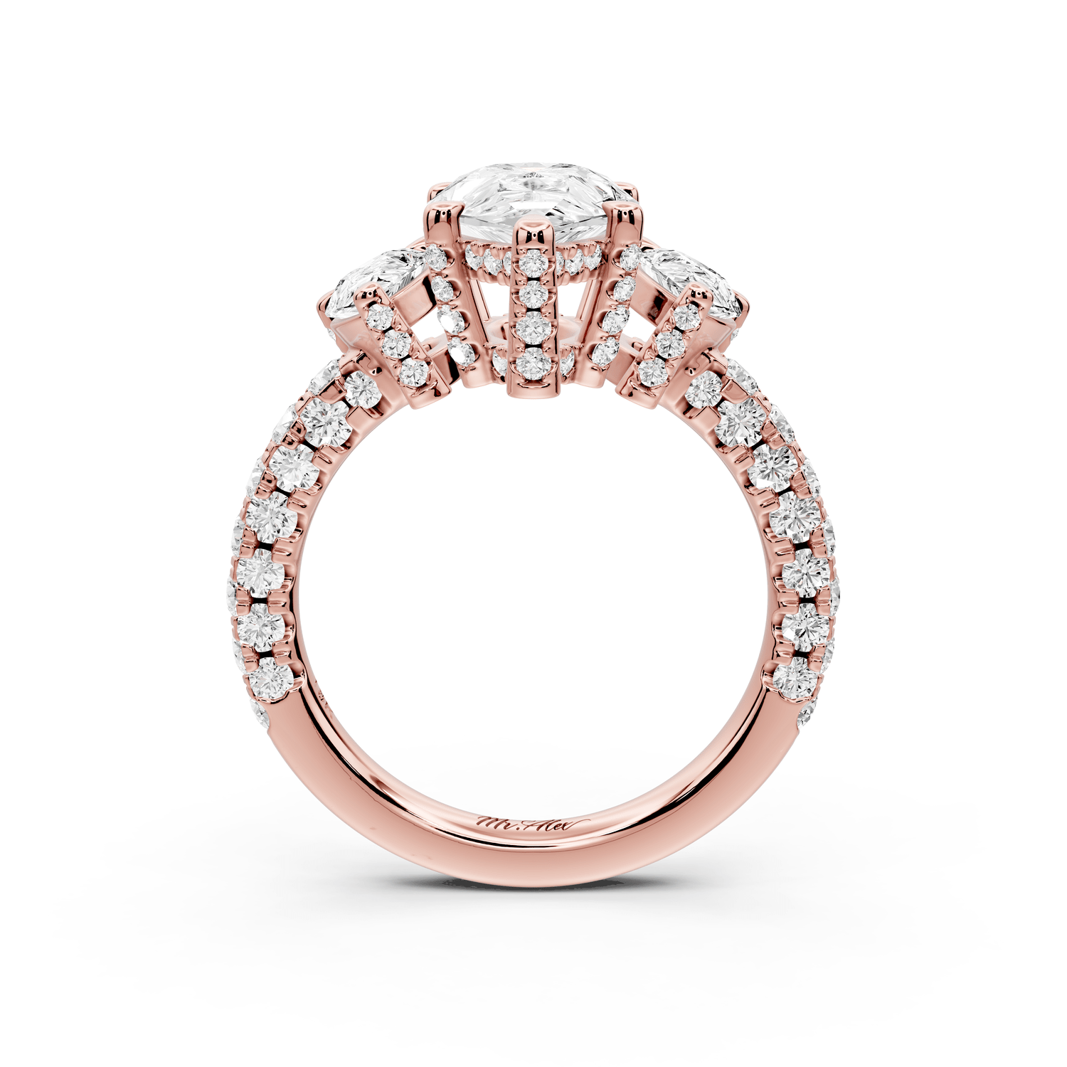 Neta - 2ct 14k rose gold Pear Hidden Halo Three-Stone Engagement Ring with Pavé Band - Mr. Alex Jewelry