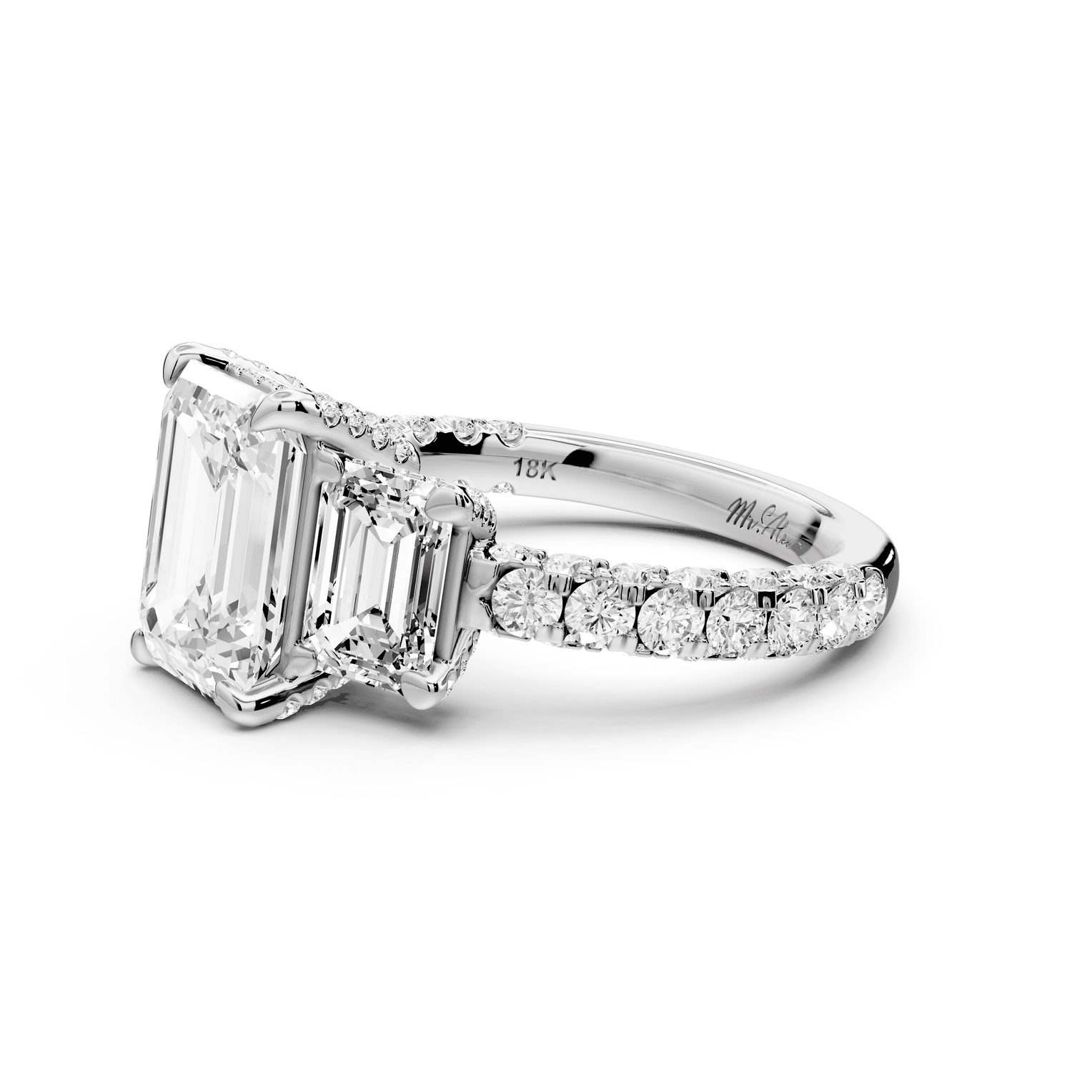 Neta - 2ct 14k white gold Emerald Hidden Halo Three-Stone Engagement Ring with Pavé Band - Mr. Alex Jewelry