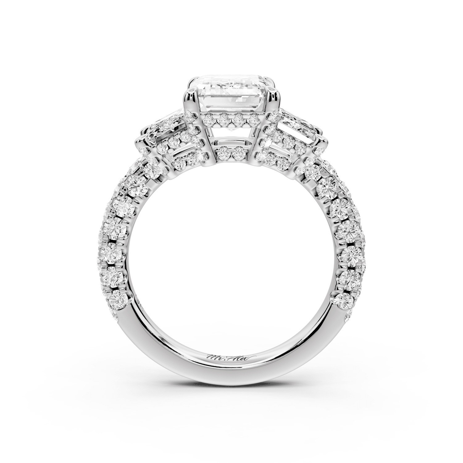 Neta - 2ct 14k white gold Emerald Hidden Halo Three-Stone Engagement Ring with Pavé Band - Mr. Alex Jewelry