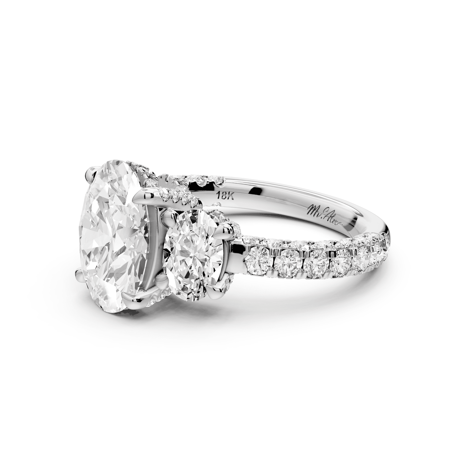 Neta - 2ct 14k white gold Oval Hidden Halo Three-Stone Engagement Ring with Pavé Band - Mr. Alex Jewelry