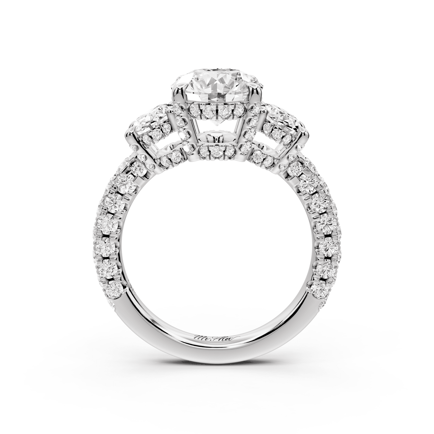 Neta - 2ct 14k white gold Oval Hidden Halo Three-Stone Engagement Ring with Pavé Band - Mr. Alex Jewelry