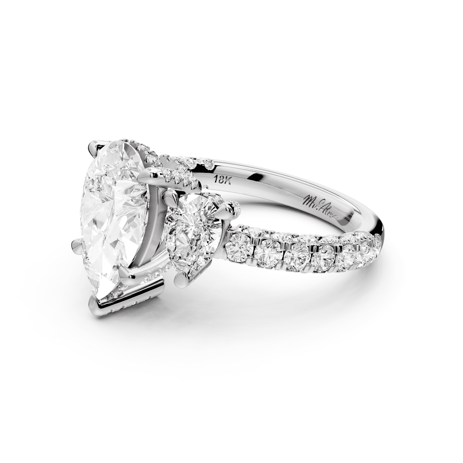 Neta - 2ct 14k white gold Pear Hidden Halo Three-Stone Engagement Ring with Pavé Band - Mr. Alex Jewelry