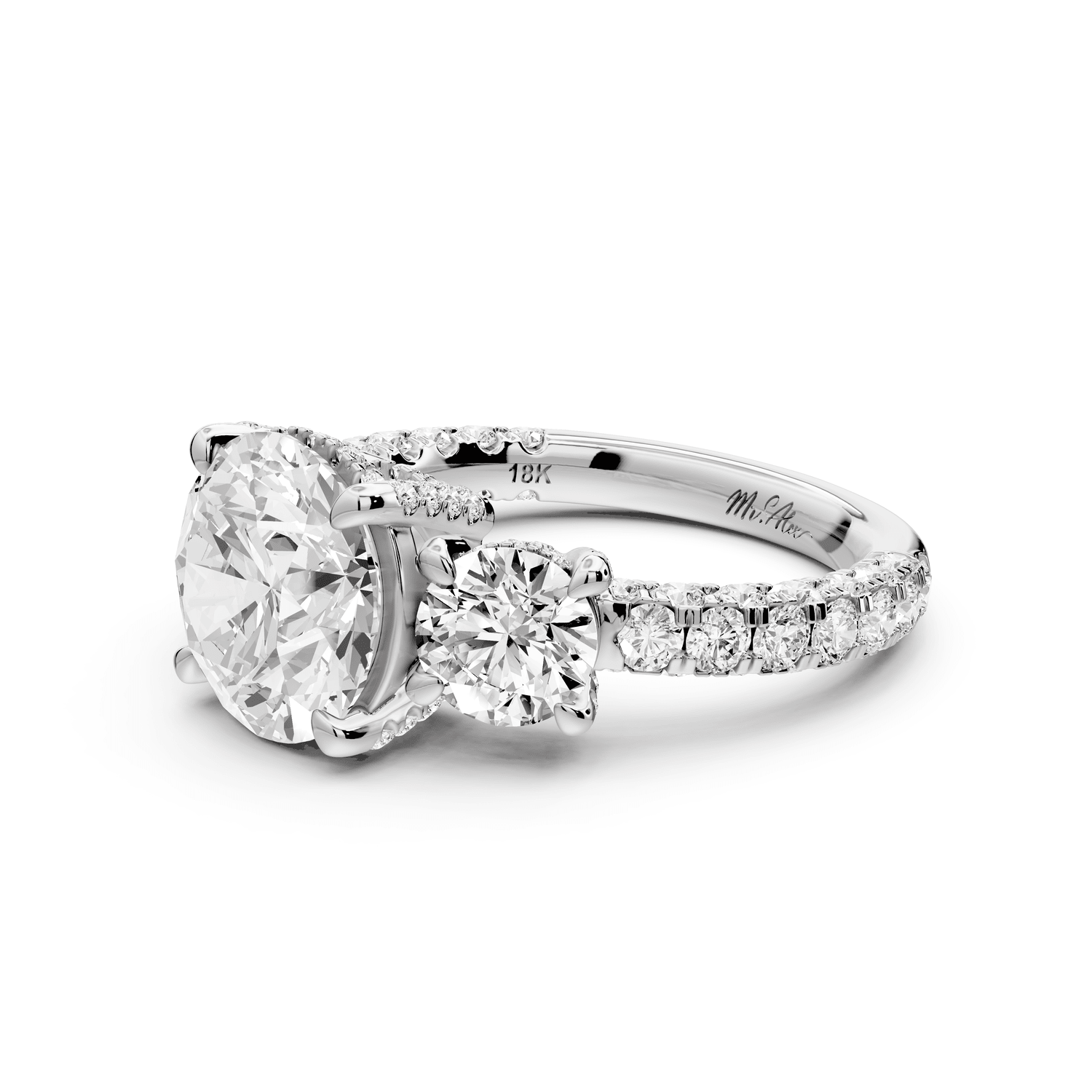 Neta - 2ct 14k white gold Round Hidden Halo Three-Stone Engagement Ring with Pavé Band - Mr. Alex Jewelry