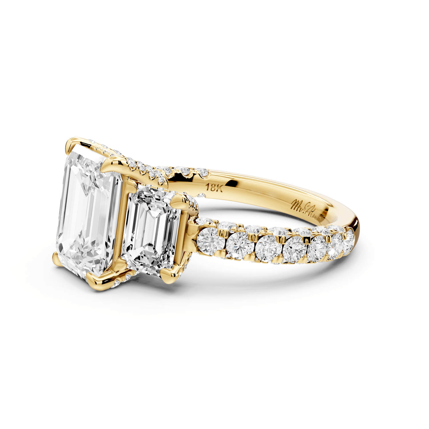 Neta - 2ct 14k yellow gold Emerald Hidden Halo Three-Stone Engagement Ring with Pavé Band - Mr. Alex Jewelry