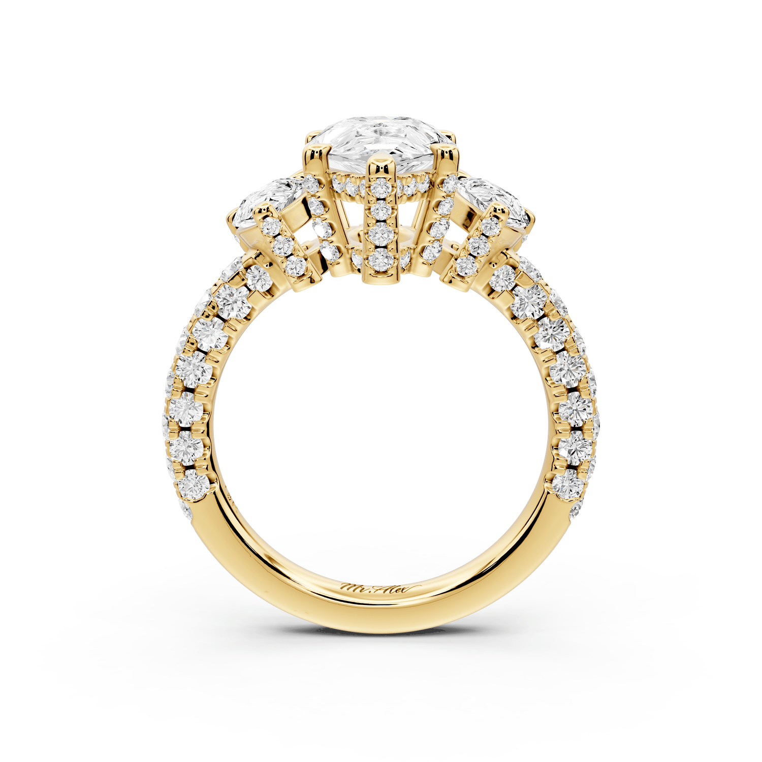 Neta - 2ct 14k yellow gold Pear Hidden Halo Three-Stone Engagement Ring with Pavé Band - Mr. Alex Jewelry