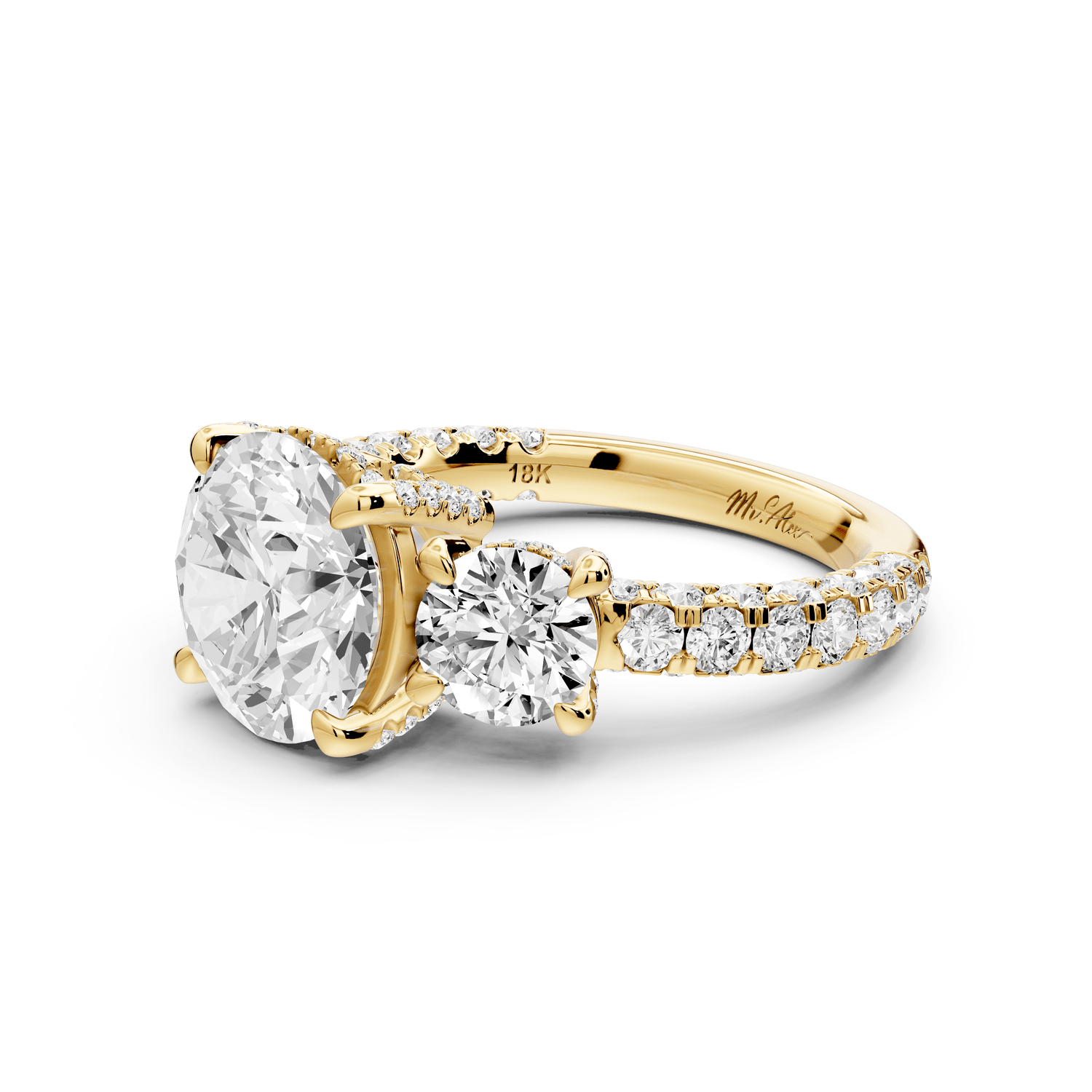 Neta - 2ct 14k yellow gold Round Hidden Halo Three-Stone Engagement Ring with Pavé Band - Mr. Alex Jewelry
