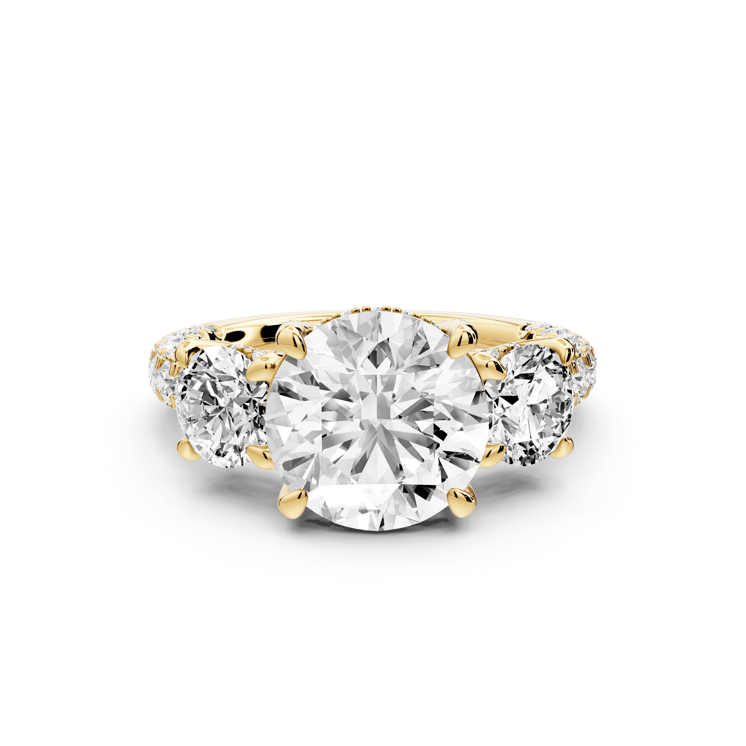 Neta - 2ct 14k yellow gold Round Hidden Halo Three-Stone Engagement Ring with Pavé Band - Mr. Alex Jewelry