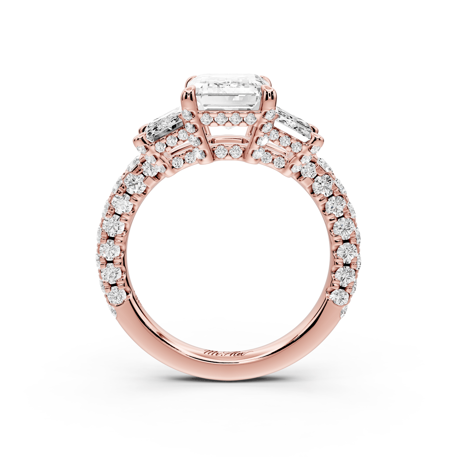 Neta - 2ct 18k rose gold Emerald Hidden Halo Three-Stone Engagement Ring with Pavé Band - Mr. Alex Jewelry