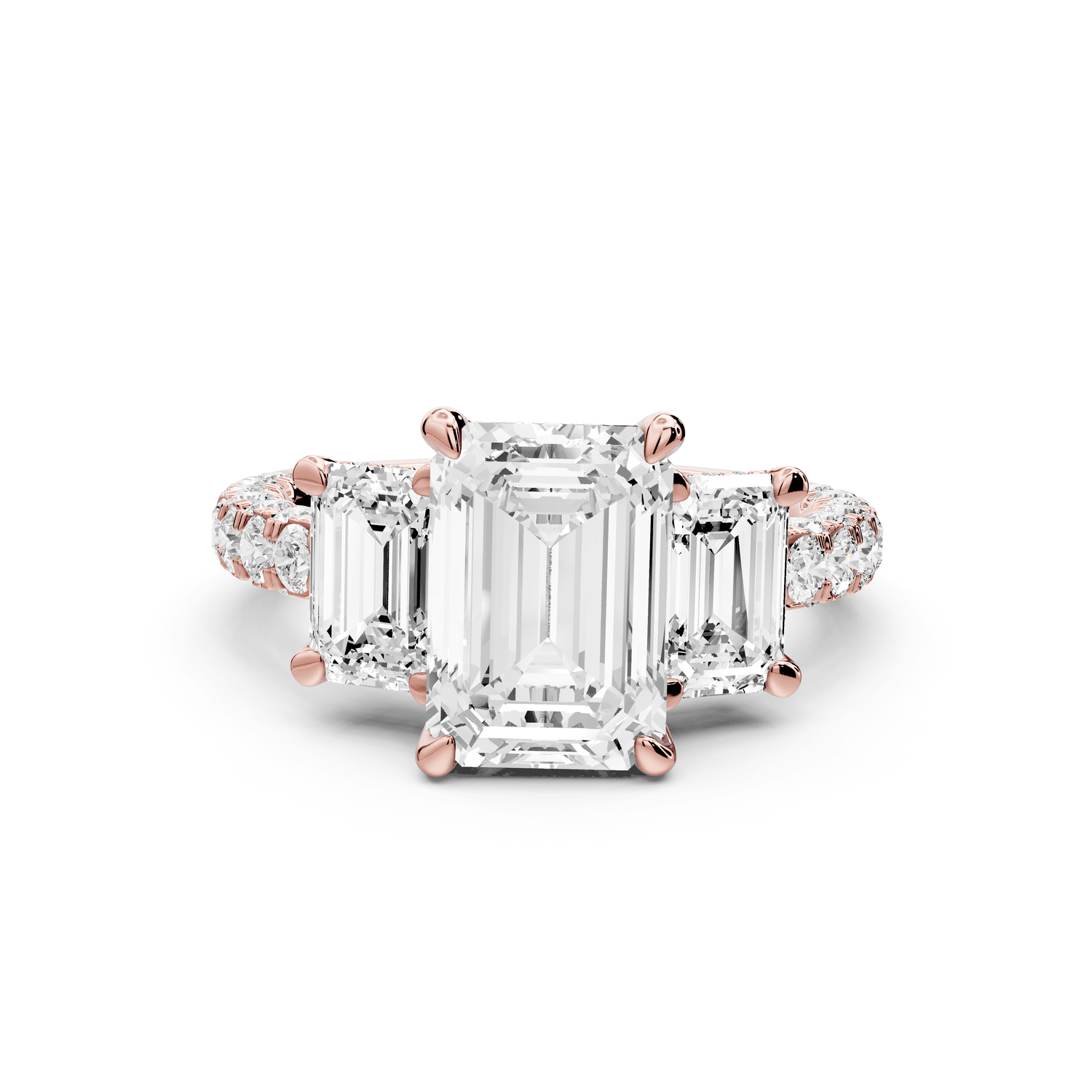 Neta - 2ct 18k rose gold Emerald Hidden Halo Three-Stone Engagement Ring with Pavé Band - Mr. Alex Jewelry
