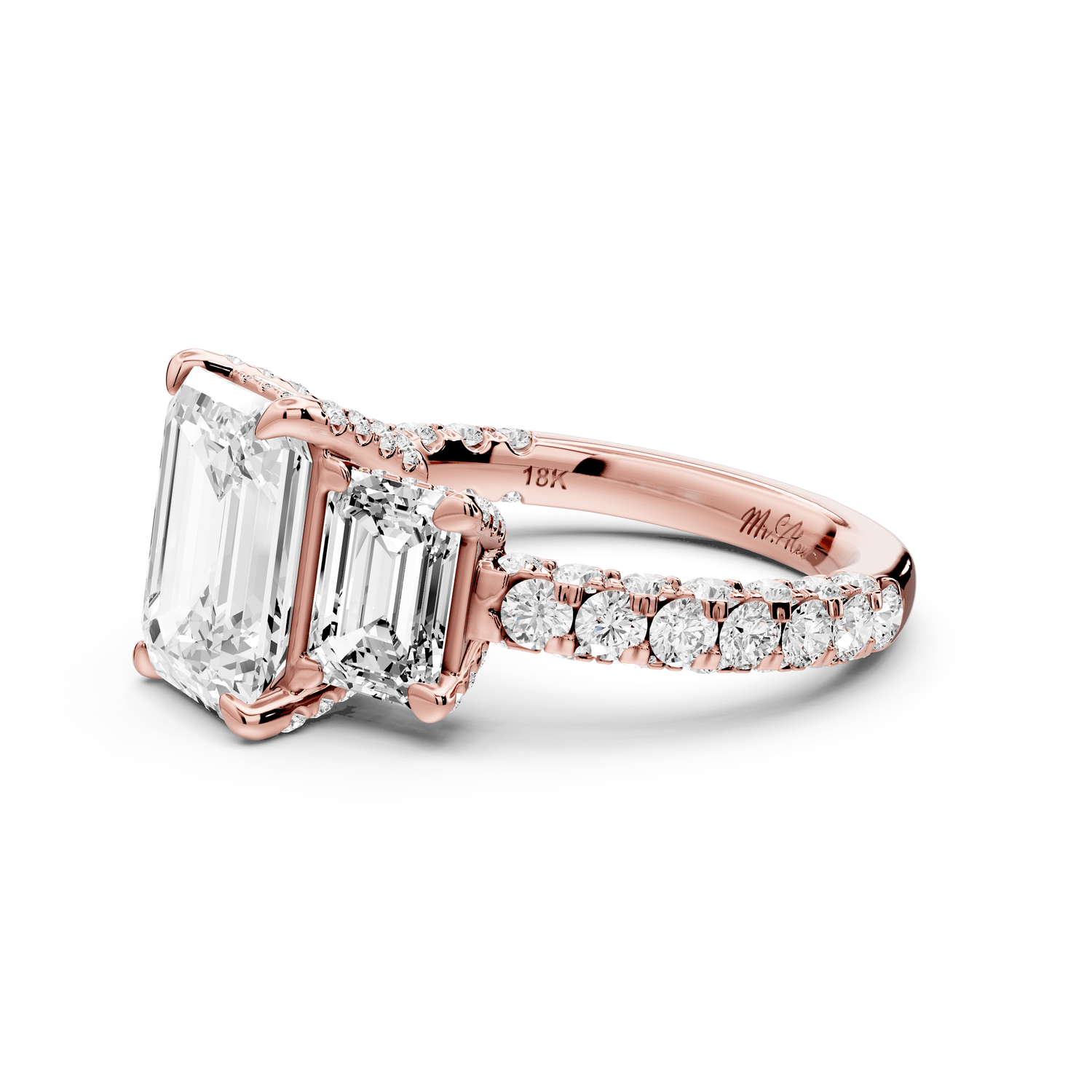 Neta - 2ct 18k rose gold Emerald Hidden Halo Three-Stone Engagement Ring with Pavé Band - Mr. Alex Jewelry