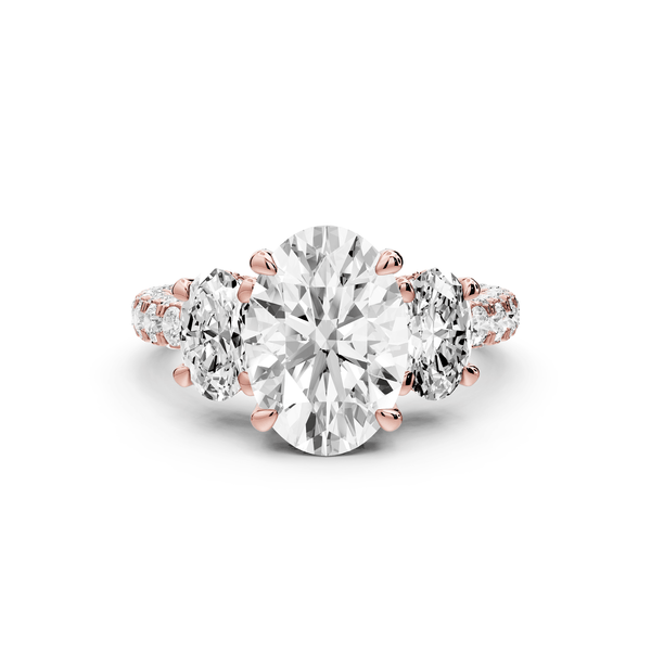 Neta - 2ct 18k rose gold Oval Hidden Halo Three-Stone Engagement Ring with Pavé Band - Mr. Alex Jewelry