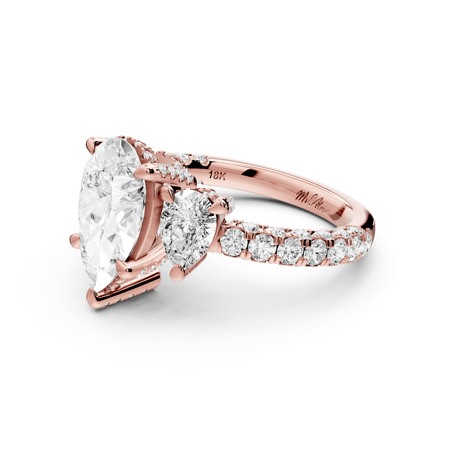 Neta - 2ct 18k rose gold Pear Hidden Halo Three-Stone Engagement Ring with Pavé Band - Mr. Alex Jewelry