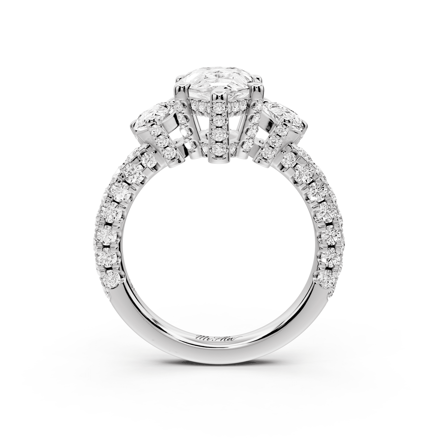 Neta - 2ct 18k white gold Pear Hidden Halo Three-Stone Engagement Ring with Pavé Band - Mr. Alex Jewelry