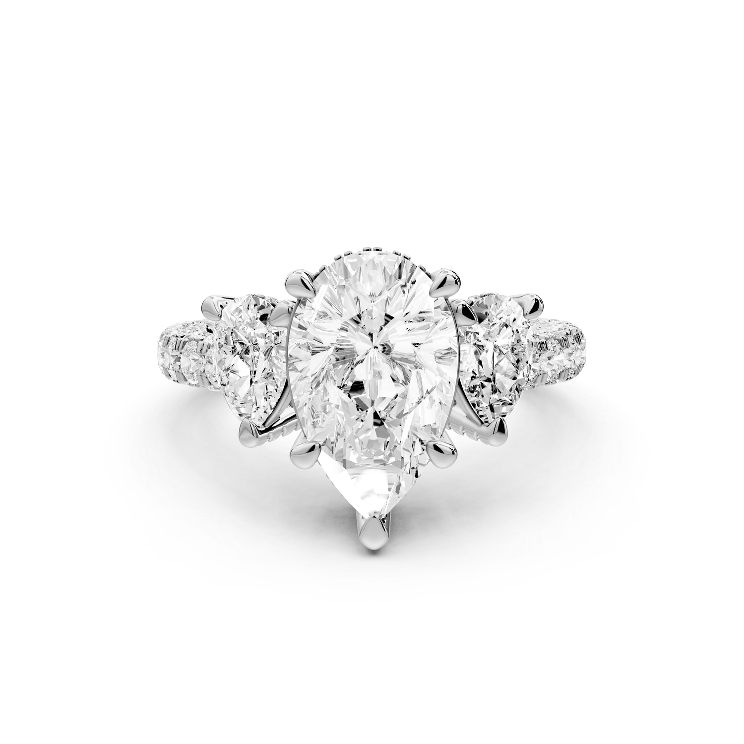 Neta - 2ct 18k white gold Pear Hidden Halo Three-Stone Engagement Ring with Pavé Band - Mr. Alex Jewelry
