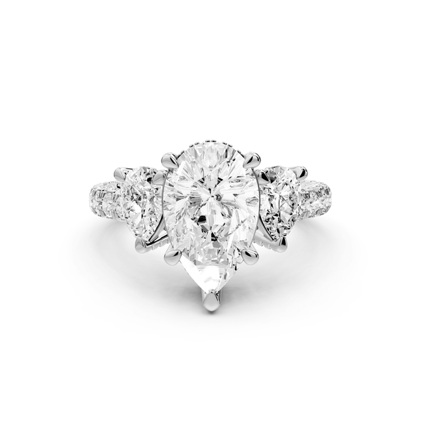 Neta - 2ct 18k white gold Pear Hidden Halo Three-Stone Engagement Ring with Pavé Band - Mr. Alex Jewelry