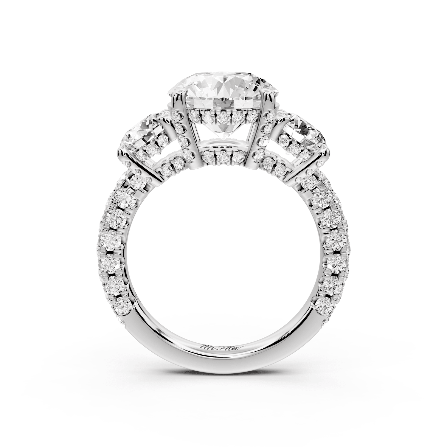 Neta - 2ct 18k white gold Round Hidden Halo Three-Stone Engagement Ring with Pavé Band - Mr. Alex Jewelry