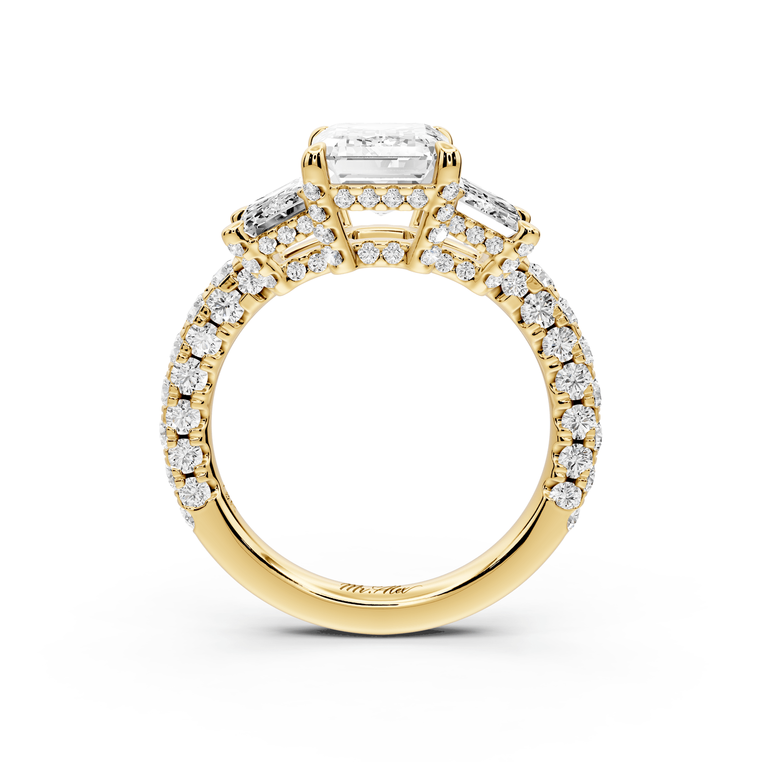 Neta - 2ct 18k yellow gold Emerald Hidden Halo Three-Stone Engagement Ring with Pavé Band - Mr. Alex Jewelry
