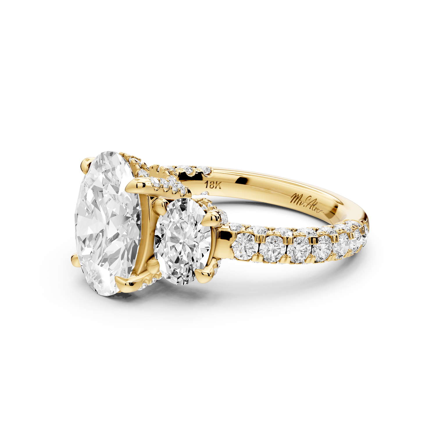 Neta - 2ct 18k yellow gold Oval Hidden Halo Three-Stone Engagement Ring with Pavé Band - Mr. Alex Jewelry