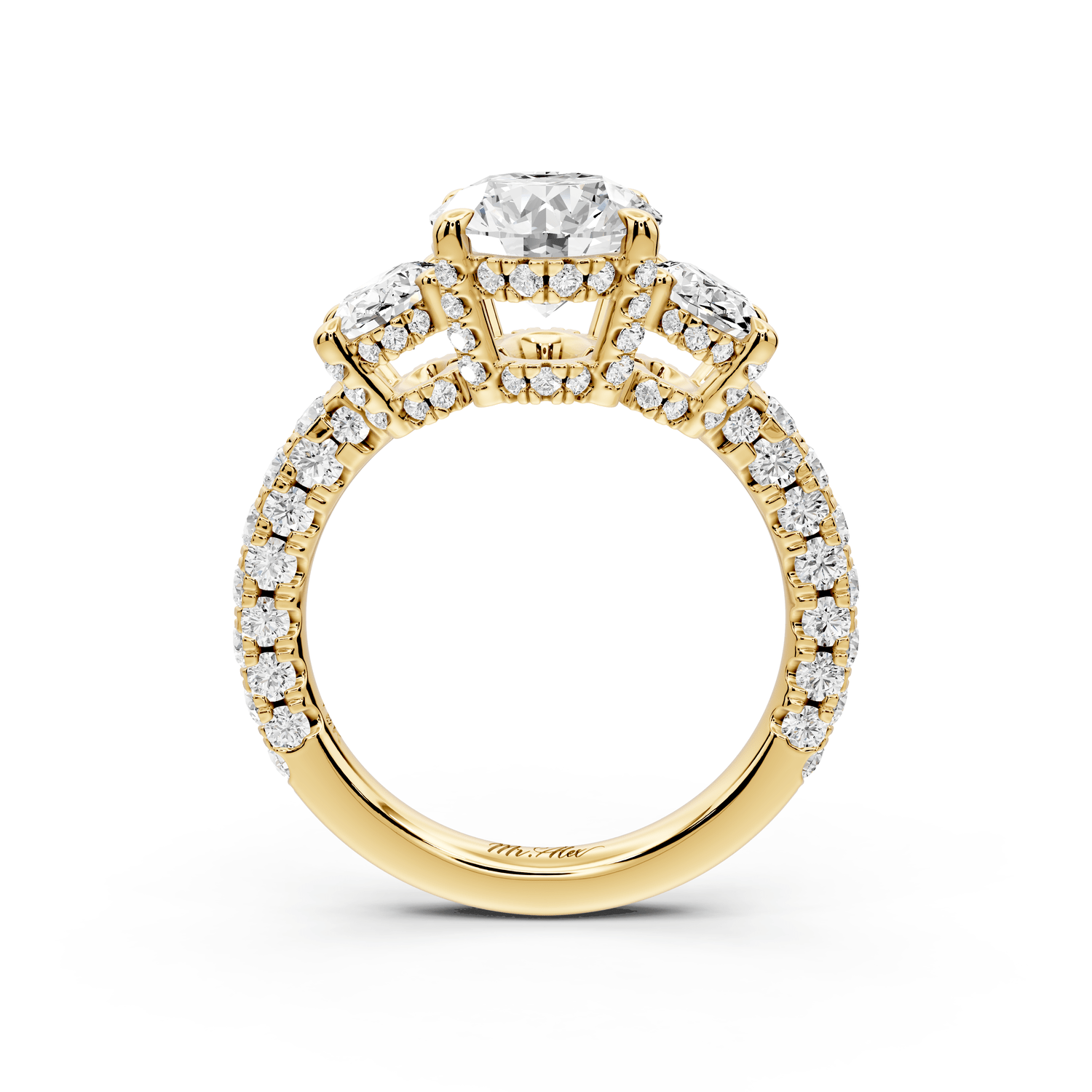 Neta - 2ct 18k yellow gold Oval Hidden Halo Three-Stone Engagement Ring with Pavé Band - Mr. Alex Jewelry