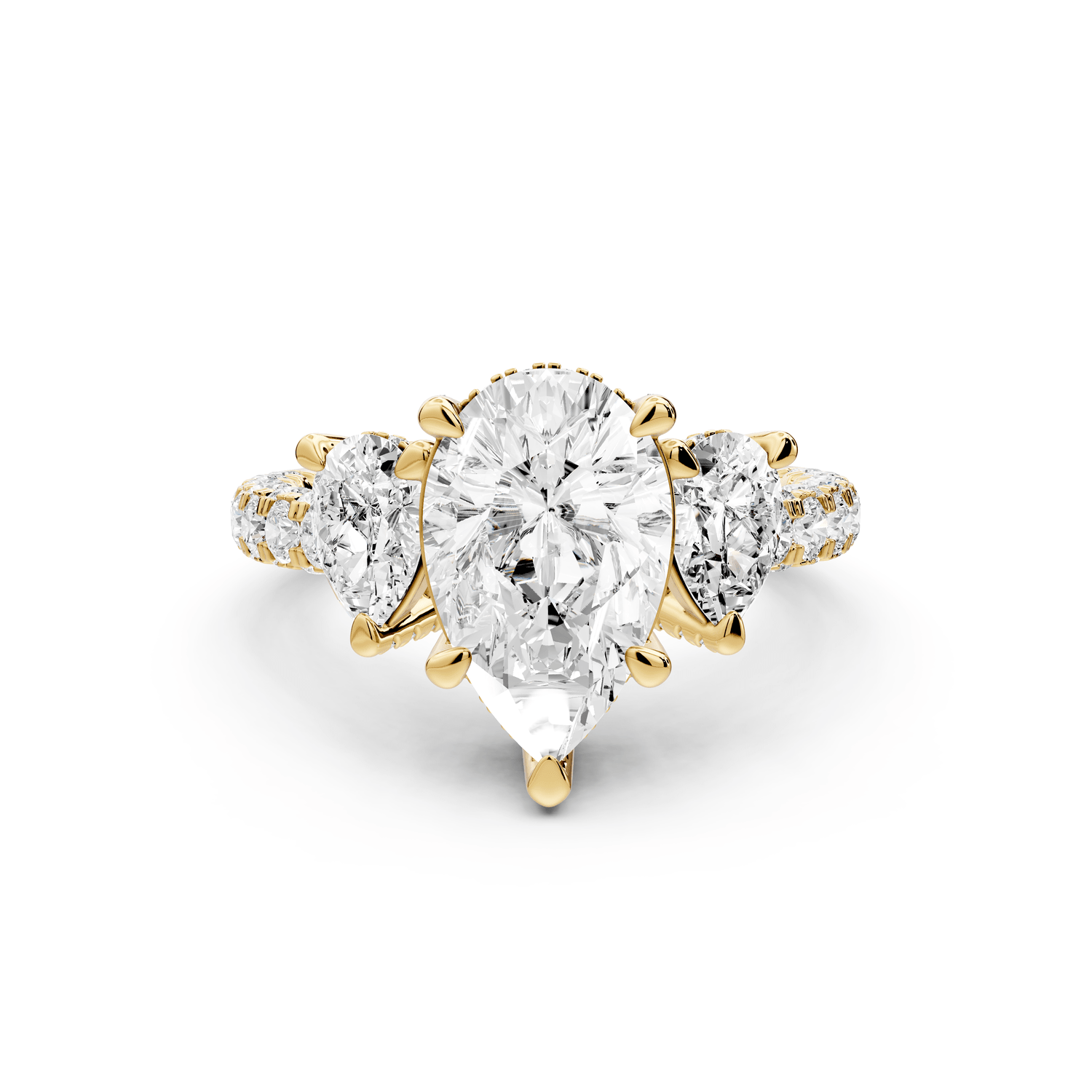 Neta - 2ct 18k yellow gold Pear Hidden Halo Three-Stone Engagement Ring with Pavé Band - Mr. Alex Jewelry