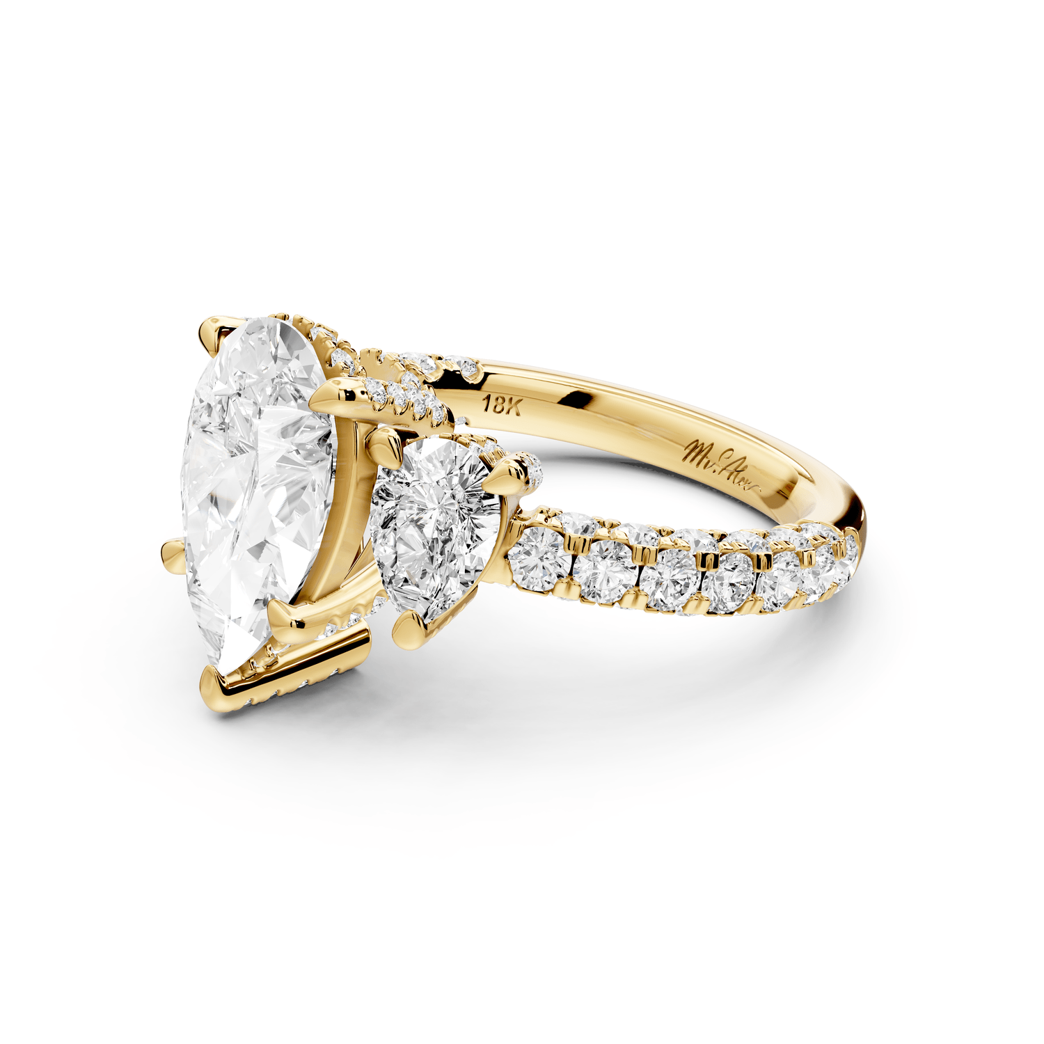 Neta - 2ct 18k yellow gold Pear Hidden Halo Three-Stone Engagement Ring with Pavé Band - Mr. Alex Jewelry