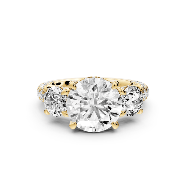 Neta - 2ct 18k yellow gold Round Hidden Halo Three-Stone Engagement Ring with Pavé Band - Mr. Alex Jewelry