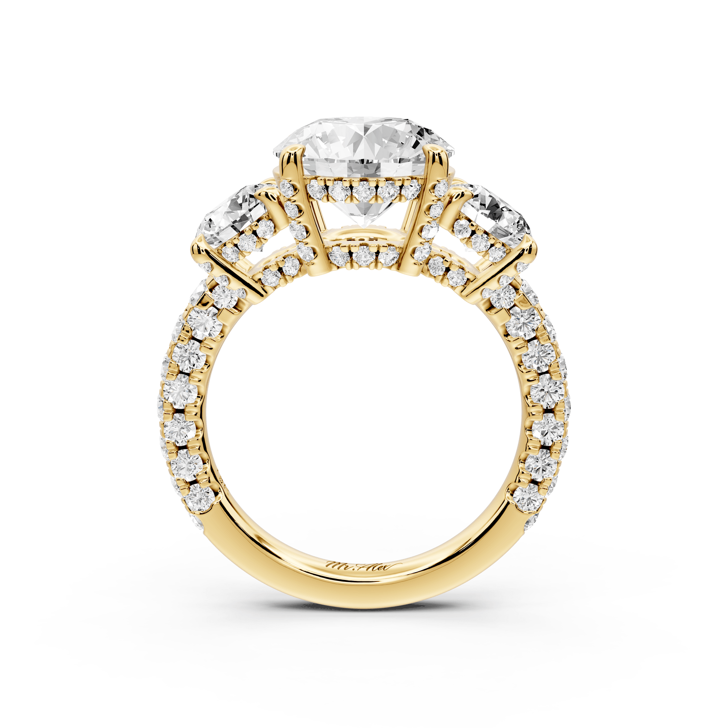 Neta - 2ct 18k yellow gold Round Hidden Halo Three-Stone Engagement Ring with Pavé Band - Mr. Alex Jewelry